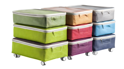 Organize and simplify your life with these colorful, stackable storage boxes on wheels for clothing and home goods isolated on white background