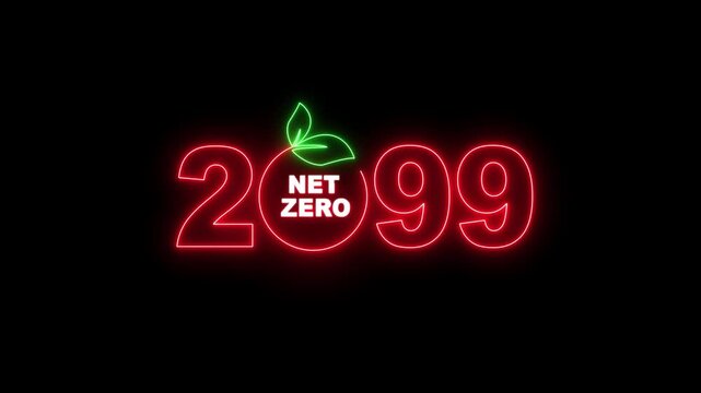 "Net Zero Emissions 2099 Neon Sign Animation, Climate Change, Carbon Neutral, Green Energy, Sustainable Development Concept on Transparent Background"