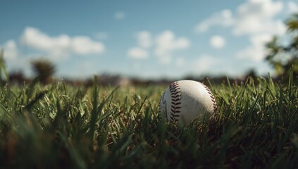 Baseball on a grassy field under a partly cloudy sky