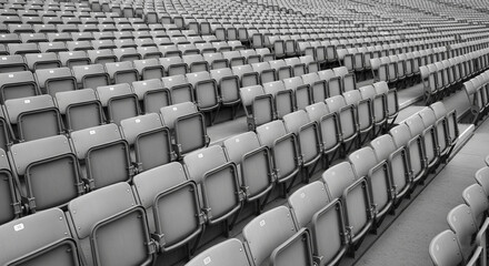 A monochromatic image of rows and rows of empty stadium seats.