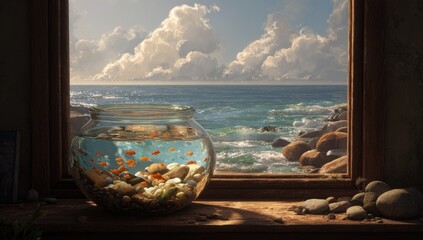 Ocean view from windowsill with goldfish bowl
