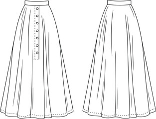 Vector technical fashion flat sketch of women’s long flared skirt with side button placket, panel seams, waistband, front and back view illustration