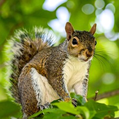 Fototapeta premium A close-up view of a gray squirrel perched atop a leafy tree branch, its fur showcasing a blend of grays and browns.