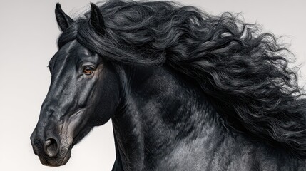 Majestic black horse with flowing mane captured in a stunning portrait against a soft background