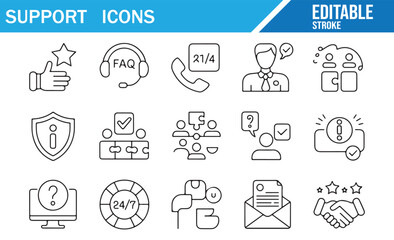 Editable Stroke Icons for Customer Support Services - FAQ, Assistance, Feedback, and Communication. Vector Set for Service, Help, and Contact Concepts