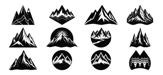 Collection of Mountain Peaks and Landscapes in Black and White Vector Illustrations