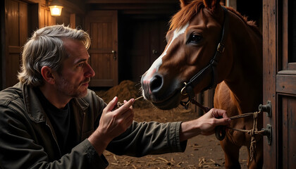 Gentle interaction between a man and his horse in a rustic stable. Warm portrait of an adult male bonding with a brown horse, showcasing animal care and trust.