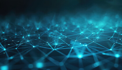 Obraz premium Abstract glowing network of interconnected triangles in vibrant blue, black. Digital illustration features futuristic geometric pattern with illuminated lines, nodes, creating sense of depth,