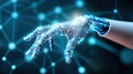 Futuristic robotic hand with glowing connections, representing advanced technology and innovation.