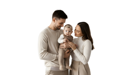 Happy family of three, a smiling mother, father, and adorable baby, posing together on a plain white background