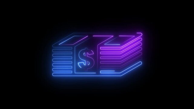 glowing neon money bundles icon animation on black background.  finance business profits. Perfect for financial concepts, banking, currency themes. 4k motion video.