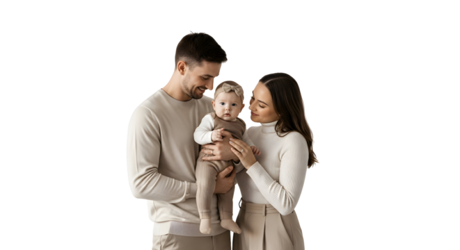 Happy family of three, a smiling mother, father, and adorable baby, posing together on a plain white background