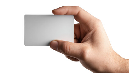 A hand holding a blank white business card