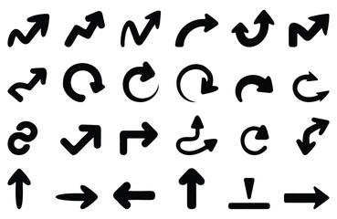 Collection of various hand drawn black arrow shapes, pointing in different directions, vector illustration set, navigation and pointer icons, graphic design and creative elements