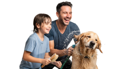 Happy father and son washing a golden retriever dog outdoors on a bright sunny day