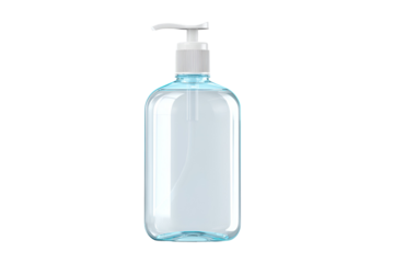 Clear plastic pump bottle filled with blue liquid isolated on transparent background