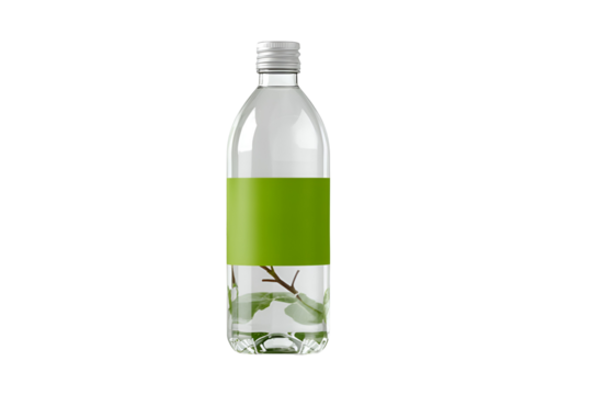Clear glass bottle with green label and water isolated on transparent background