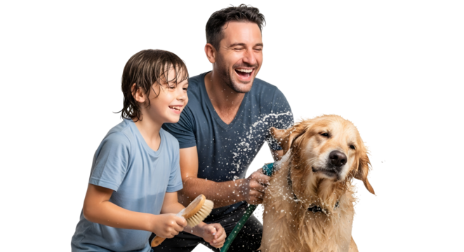 Happy father and son washing a golden retriever dog outdoors on a bright sunny day
