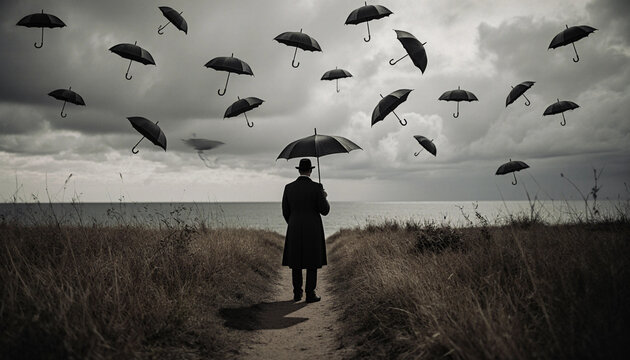 A Solitary Figure's Journey: An Umbrella Fantasy at the Coast