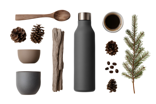 Gray reusable water bottle with natural elements isolated on transparent background