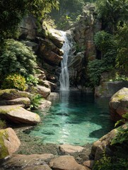 Fototapeta premium a refreshing waterfall cascading into a clear pool surrounded by lush green foliage and mossy rocks creating a serene and tranquil oasis in the heart of nature