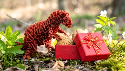 A charming handmade origami dinosaur reaches for nuts nestled within a vibrant red gift box on a mossy forest floor.