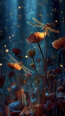 Night-blooming meadow, glowing dragonflies