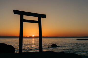 Sunset and a Torii Gate on the Horizon in Aichi, Japan