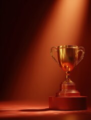golden trophy in spotlight a photorealistic glowing golden trophy is placed on a red pedestal under a soft spotlight embodying concepts of achievement success and celebration