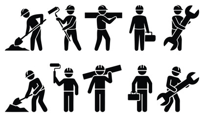 Construction workers in various poses doing different jobs, digging, painting, carrying and using tools, builder icons set, labor silhouettes, industrial workforce design