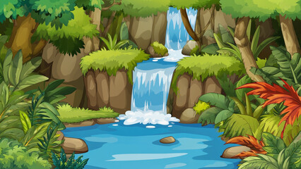 Cartoon Waterfall Scenery in Lush Green Jungle Landscape