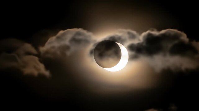Dramatic Solar Eclipse in Cloudy Night Sky with Natural Lighting and Celestial Phenomenon Emphasizing Atmospheric Mystery