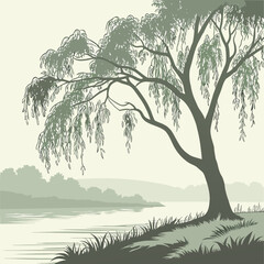 Vector art of a serene willow tree landscape illustration with a river, reflecting the tranquil beauty of nature and the peaceful countryside in a vintage style © bilkish