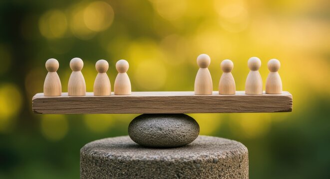 Wooden figures on a balanced scale symbolize fairness, equality, and justice in a serene outdoor setting, representing equilibrium and impartial decisions.