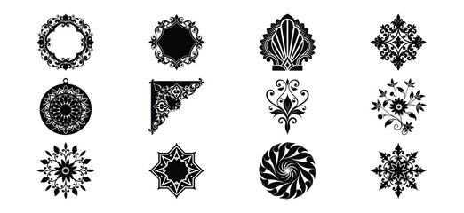 Assorted decorative elements in black and white for design projects and invitations
