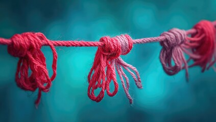 Colorful yarn bundles tied to a rope against a blurred teal background