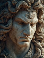a marble bust of an indian deity with long curly hair and a focused expression the intricate details and serious demeanor embody strength protection and cultural heritage