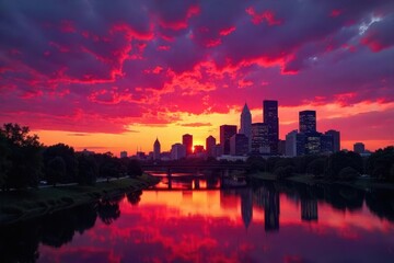 Naklejka premium Deep hues of a Minnesota sunset over the Minneapolis skyline , panorama, colors
