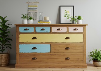 Charming Rustic Wooden Dresser with Colorful Drawers and Decorative Accents in a Cozy Interior Setting for Home Decor Inspiration