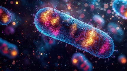 Microbial life, vibrant colors, scientific illustration