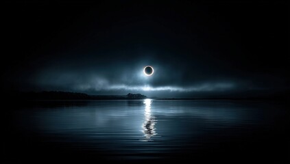 Eclipse over a still lake at night
