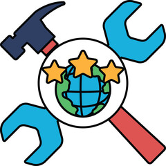 A hammer, wrench, and stars are drawn around a globe