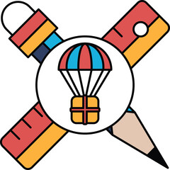 A drawing of a box with a parachute on top of it