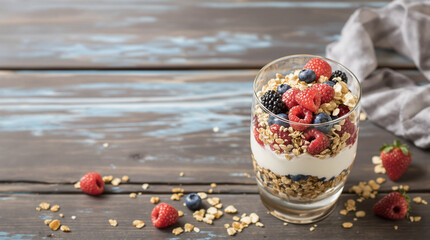 "A glass parfait layered with yogurt, granola, and fresh berries..." 