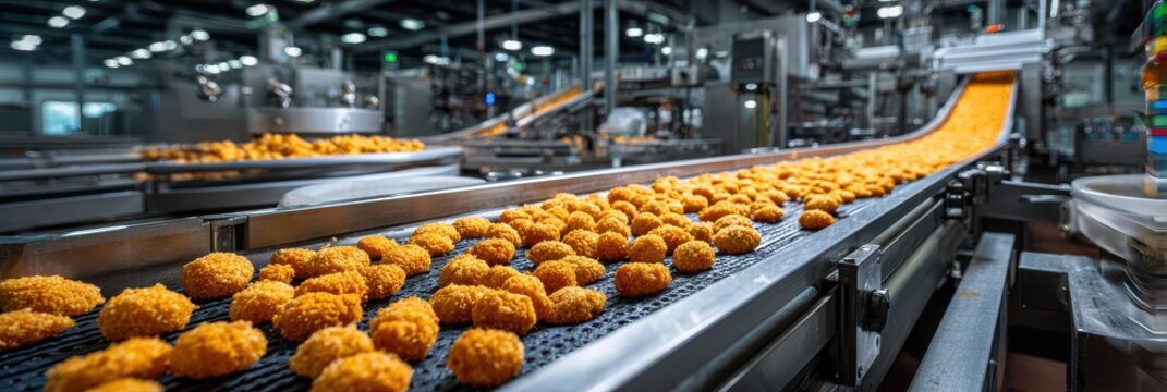 Processed food production at a factory with chicken nuggets on a conveyor belt in an industrial setting