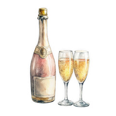 Elegant champagne bottle and two flutes ready for celebration and toasting moments watercolor painting transparent background