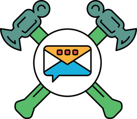 A hammer and an ax are crossed over each other