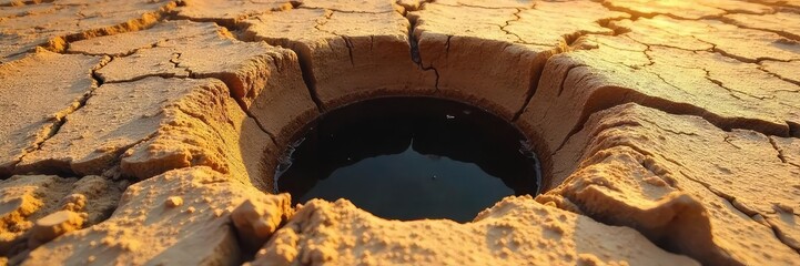 A perfectly round hole in the ground, surrounded by dry, cracked earth, under the summer sun  Perfect for illustrating drought, summer heat, or the passage of time ,  cracked earth,  desolate