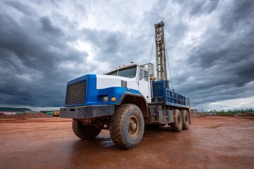 Obraz premium Powerful Drilling Rig Truck Amidst Dramatic Skies Heavy Machinery Ready for Action