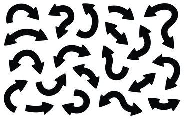 Seamless pattern of black curved arrows, pointing in different directions, vector design element, navigation and pointer symbols, graphic and decorative illustration